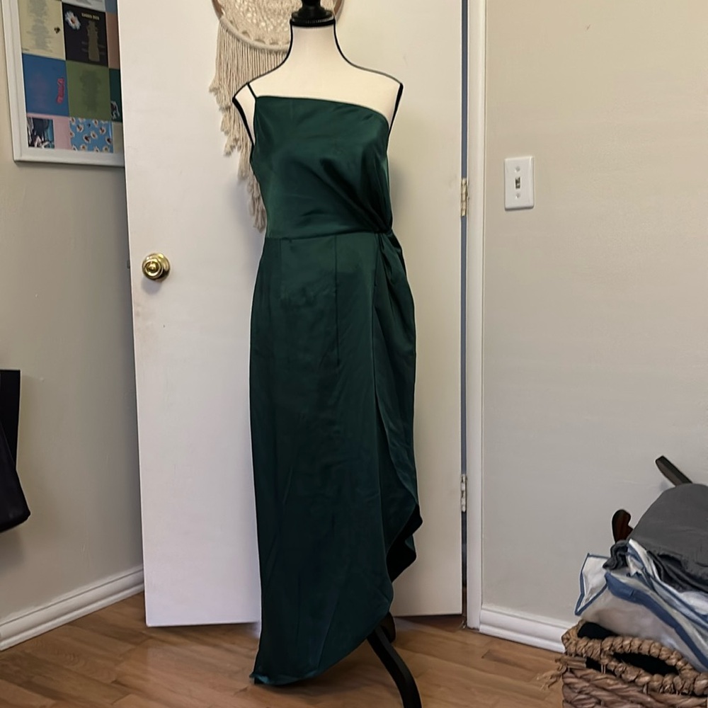 Vibrant green satin like one shoulder long dress